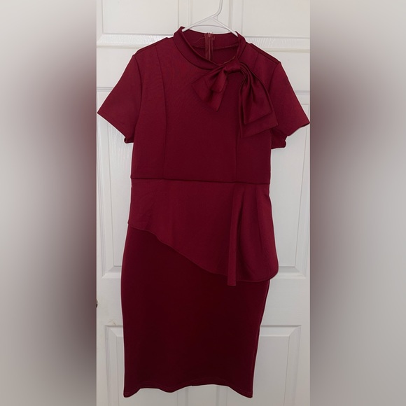 LAGSHIAN Bodycon Short Sleeve Bow Club Ruffle Pencil Party Dress- wine red- XL - Picture 3 of 10